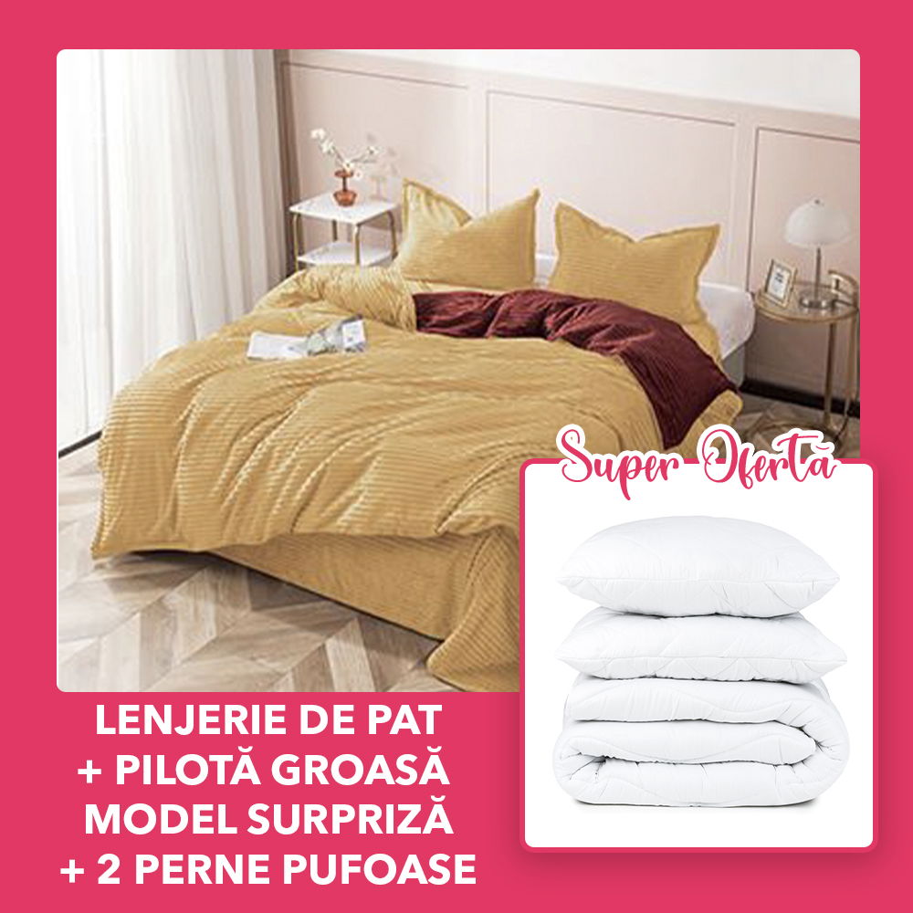 Set CADOU - Lenjerie Cocolino 4 Piese Galben Mustar Uni + Pilota Groasa Model Surpriza-+ 2 Perne 50x70cm- CCO4M0101