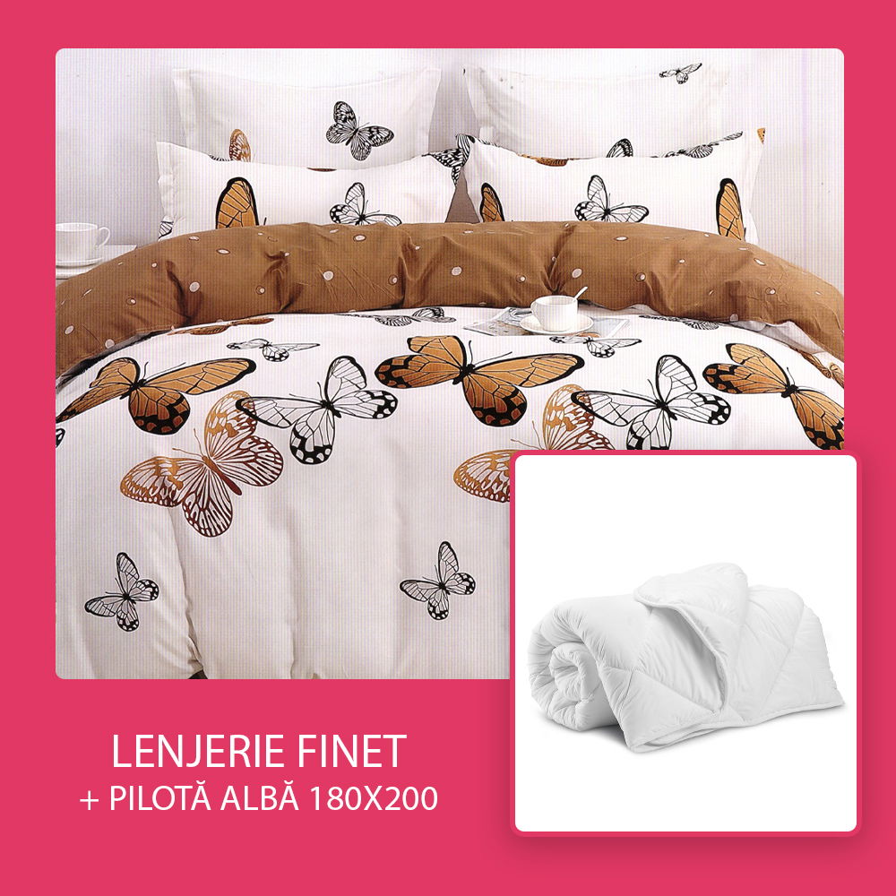 Set CADOU - Lenjerie 6 Piese + Pilota Alba de Vara 180x200 cm - Fluturi Cappuccino LF0805