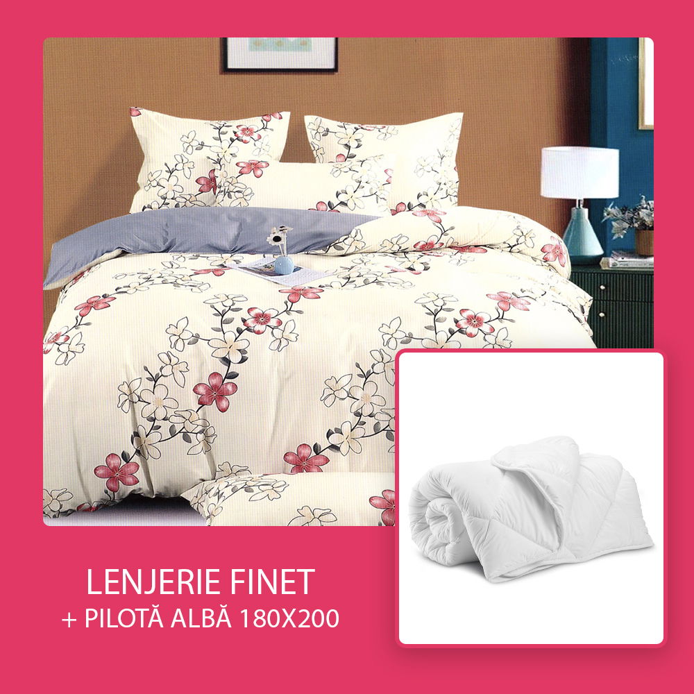 Set CADOU - Lenjerie 6 Piese + Pilota Alba de Vara 180x200 cm - Floricele Roz Mici LF0806