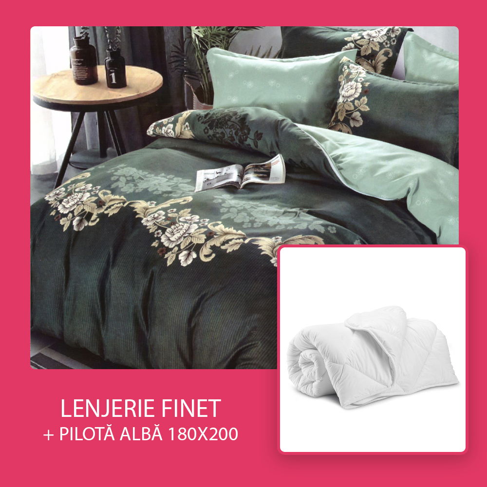 Set CADOU - Lenjerie 6 Piese + Pilota Alba de Vara 180x200 cm - Royal Touch LF0808