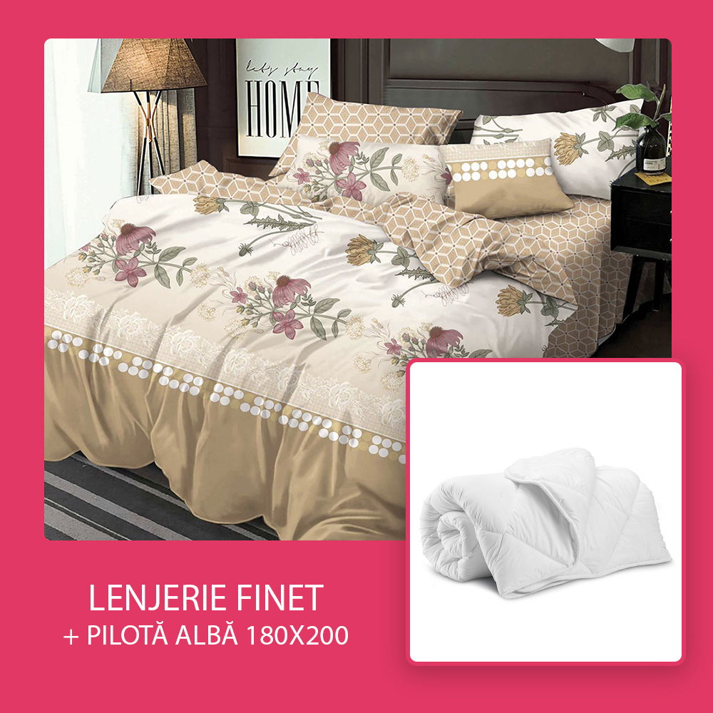 Set CADOU - Lenjerie 6 Piese + Pilota Alba de Vara 180x200 cm - Cappuccino Flori de Poveste LF0811