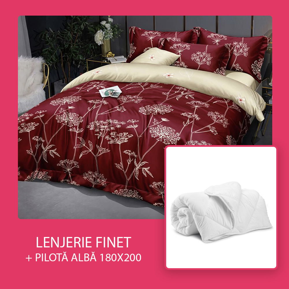 Set CADOU - Lenjerie 6 Piese + Pilota Alba de Vara 180x200 cm - Visiniu Flori Aurii LF0812