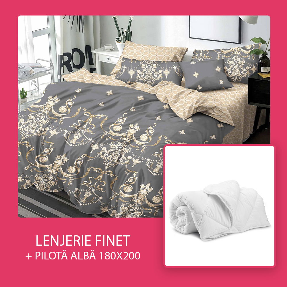 Set CADOU - Lenjerie 6 Piese + Pilota Alba de Vara 180x200 cm - Gri Decor Imperial LF0815-P