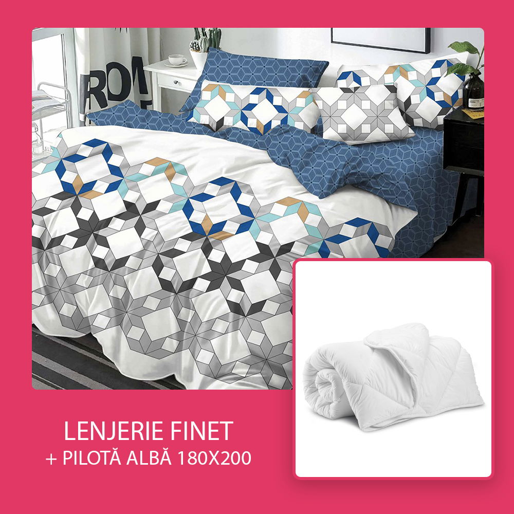 Set CADOU - Lenjerie 6 Piese + Pilota Alba de Vara 180x200 cm - Geometrie Moderna LF0816