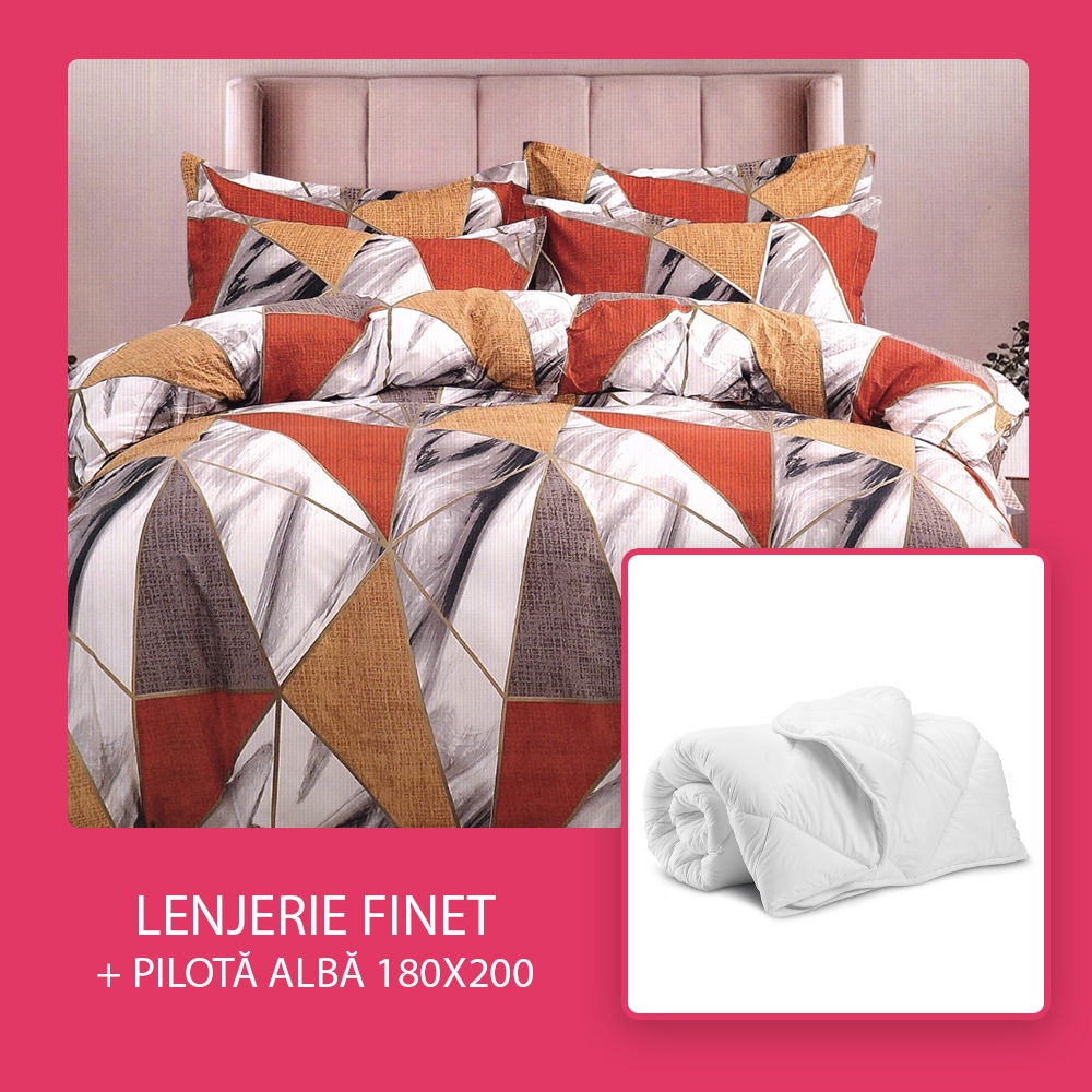 Set CADOU - Lenjerie 6 Piese + Pilota Alba de Vara 180x200 cm - Triunghiuri Rosii LF0821