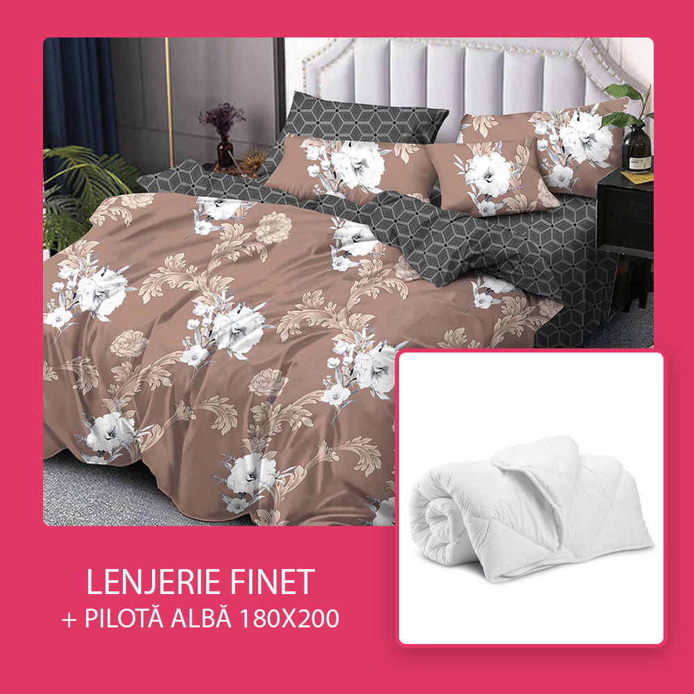 Set CADOU - Lenjerie 6 Piese + Pilota Alba de Vara 180x200 cm - Cappuccino Trandafiri Albi LF0822