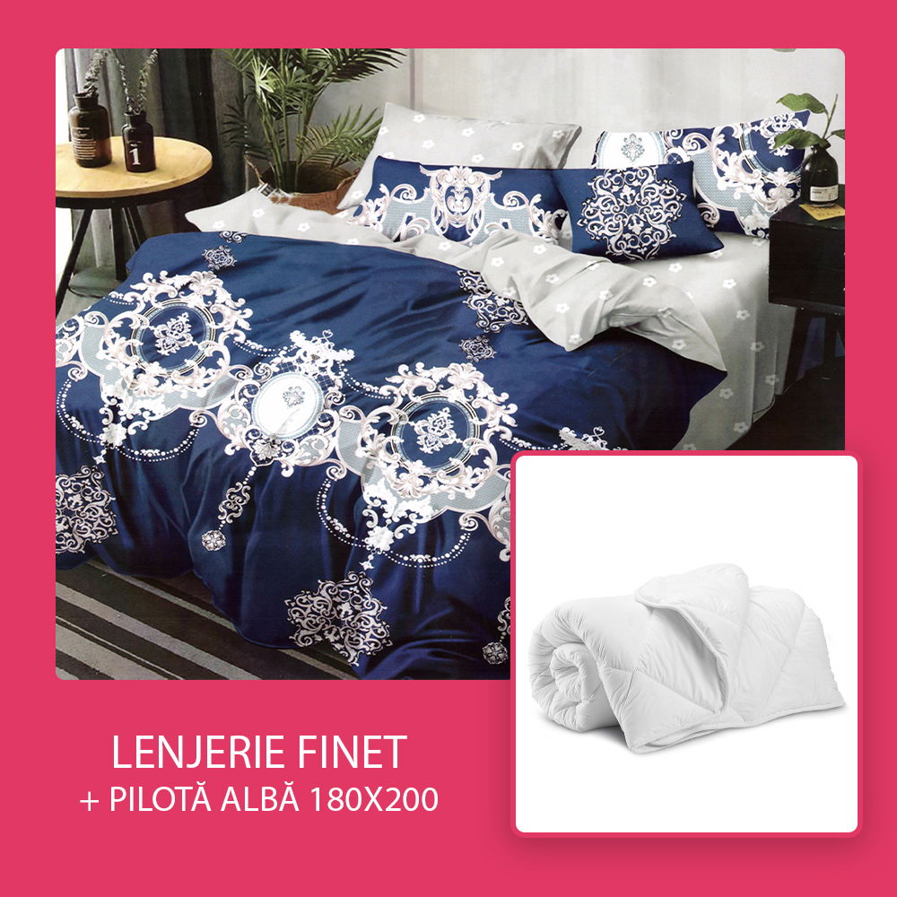 Set CADOU - Lenjerie 6 Piese + Pilota Alba de Vara 180x200 cm - Dark Blue Regal LF0824