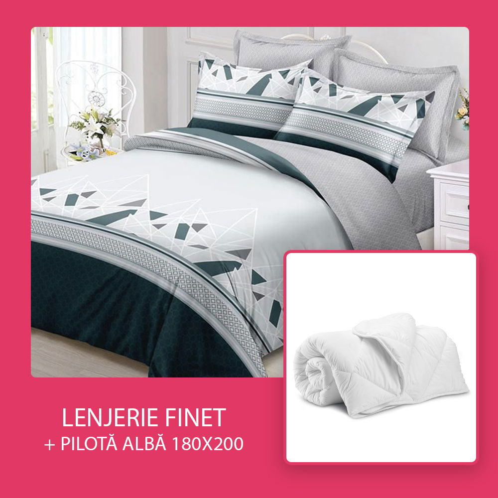 Set CADOU - Lenjerie 6 Piese + Pilota Alba de Vara 180x200 cm - Modern Green LF0828