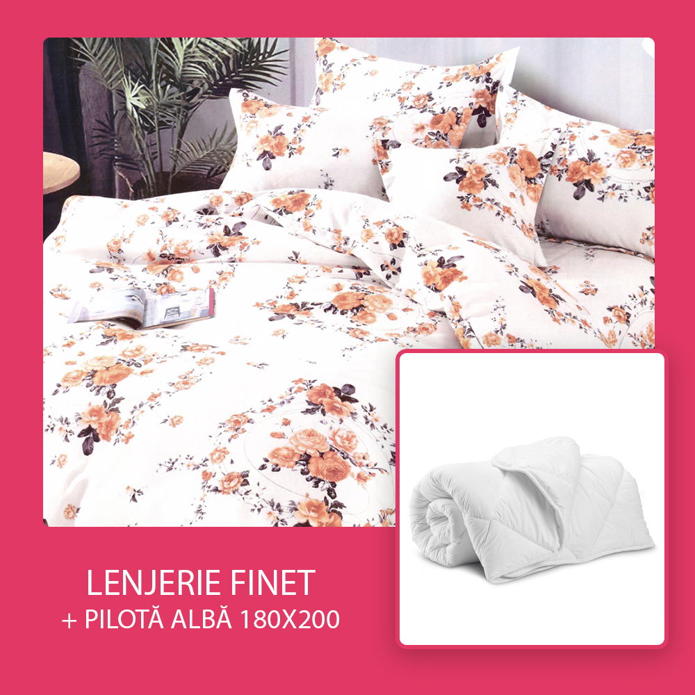 Set CADOU - Lenjerie 6 Piese + Pilota Alba de Vara 180x200 cm - Parfum de Trandafir LF0830