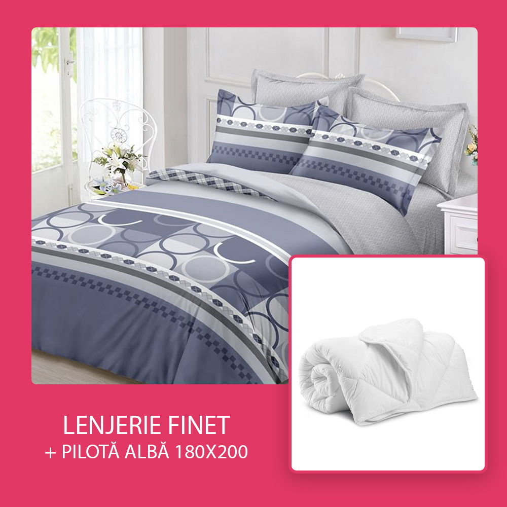 Set CADOU - Lenjerie 6 Piese + Pilota Alba de Vara 180x200 cm - Gri Cercuri Albastre LF0831