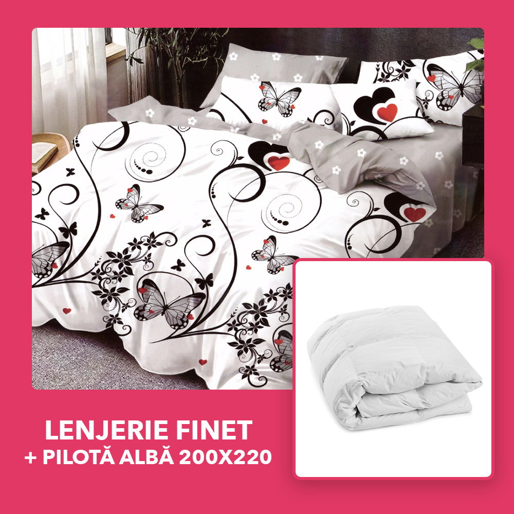 Set CADOU - Lenjerie 6 Piese + Pilota Alba de Vara 200x220 cm - Butterfly Love LF0836