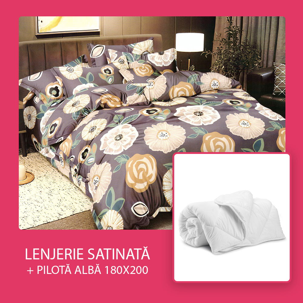 Set CADOU - Lenjerie 6 Piese + Pilota Alba de Vara 180x200 cm - Maro Flori Elegante LBDS0905