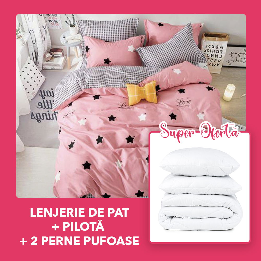 Set CADOU - Lenjerie 6 Piese + Pilota + 2 Perne 50x70 cm - Love Roz Stelute LFJ040