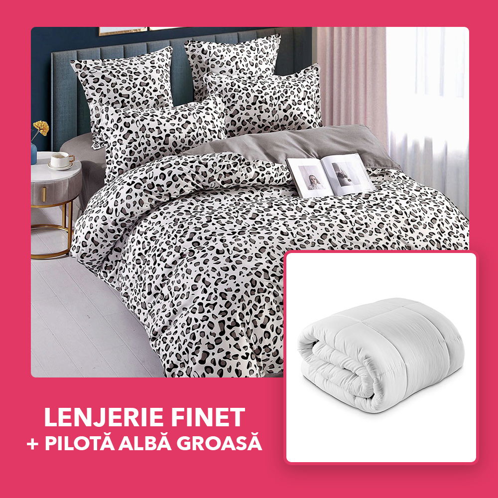 Set CADOU - Lenjerie 6 Piese + Pilota Groasa de Iarna 200x220 cm - Leopard LFJ085