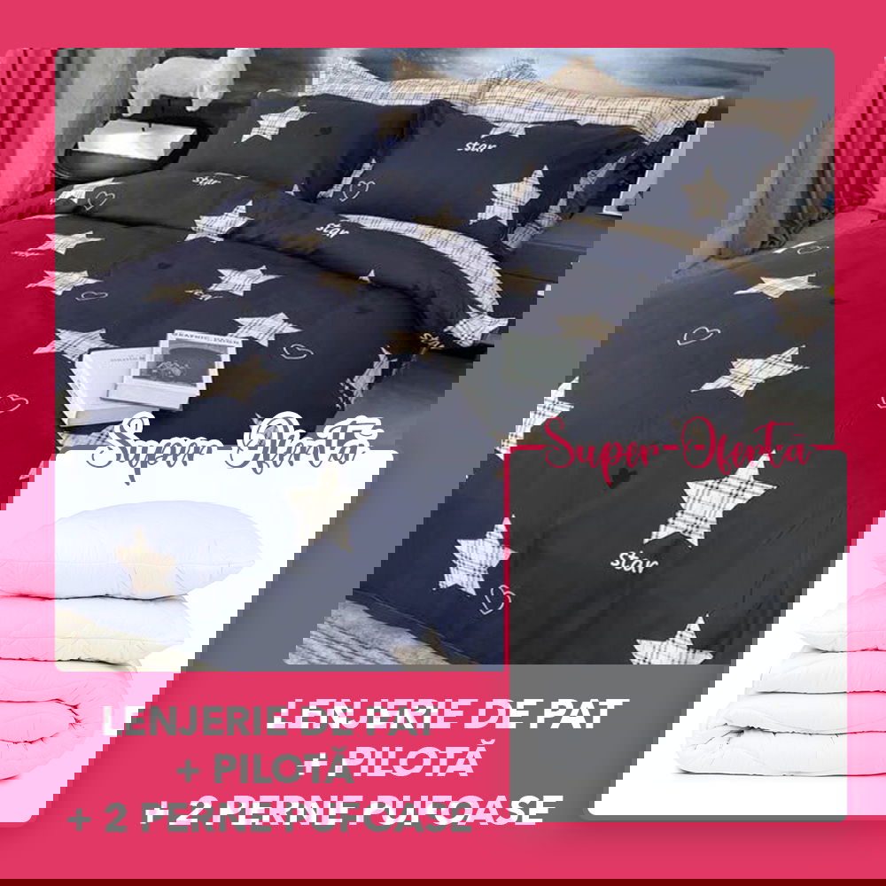 Set CADOU – Lenjerie 4 Piese + Pilota + 2Perne 50x70cm – Albastru Stelute in Carouri LBD0608 2Perne imagine noua