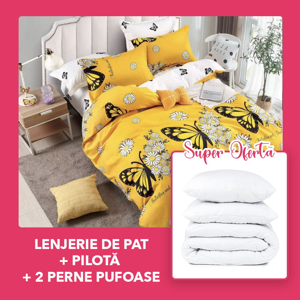 Set CADOU - Lenjerie 6 Piese + Pilota + 2 Perne 50x70 cm - Fluturi si Margarete LFJ010