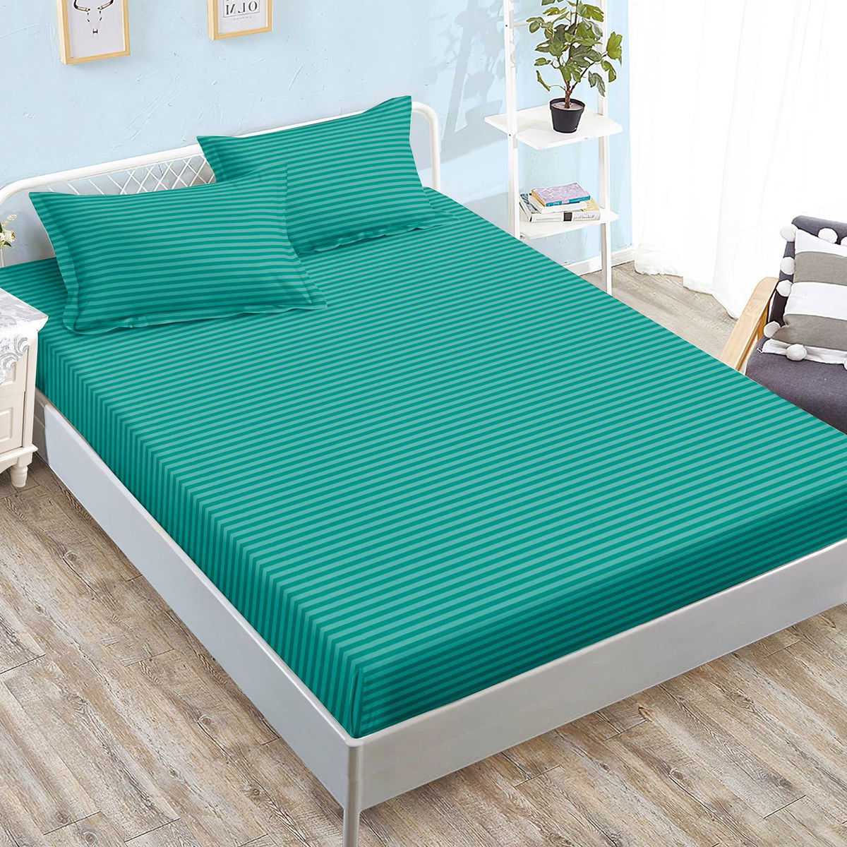 Cearceaf din Damasc Premium cu Elastic - 140/160x200 + 2 Fete Perna - Verde Menta - CEDS0624