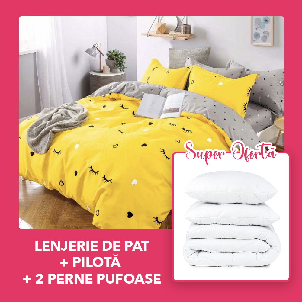 Set CADOU - Lenjerie 6 Piese + Pilota + 2 Perne 50x70 cm - Galben Vis LFJ045