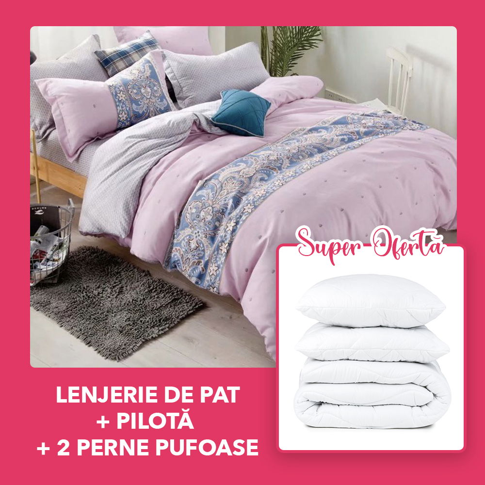 Set CADOU - Lenjerie 4 Piese + Pilota + 2Perne 50x70cm - Retro Pink LBD0523