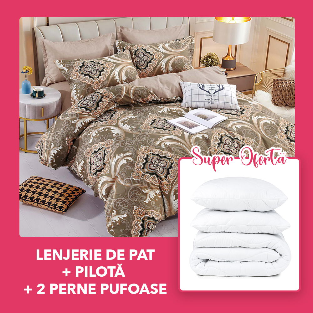 Set CADOU - Lenjerie 6 Piese + Pilota + 2 Perne 50x70 cm - Model Regal LFJ094