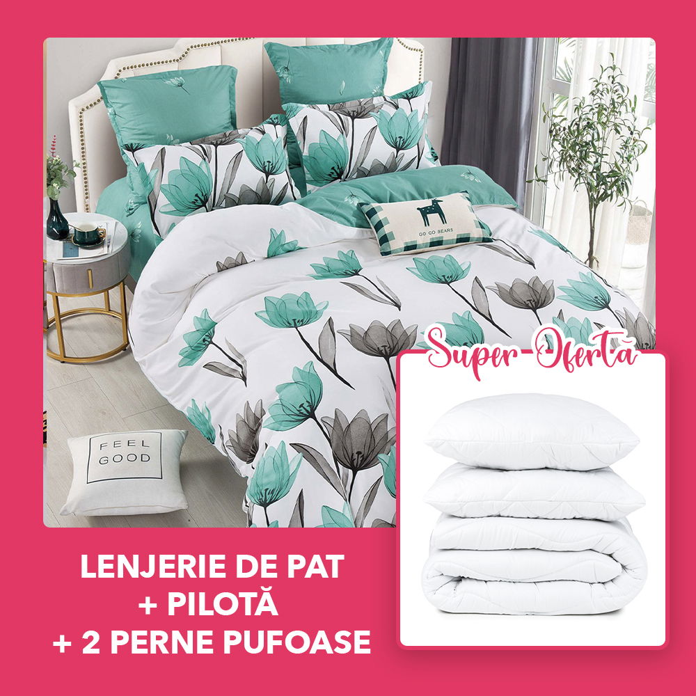 Set CADOU - Lenjerie 6 Piese + Pilota + 2 Perne 50x70 cm - Flori Gri Turcoaz LFJ087