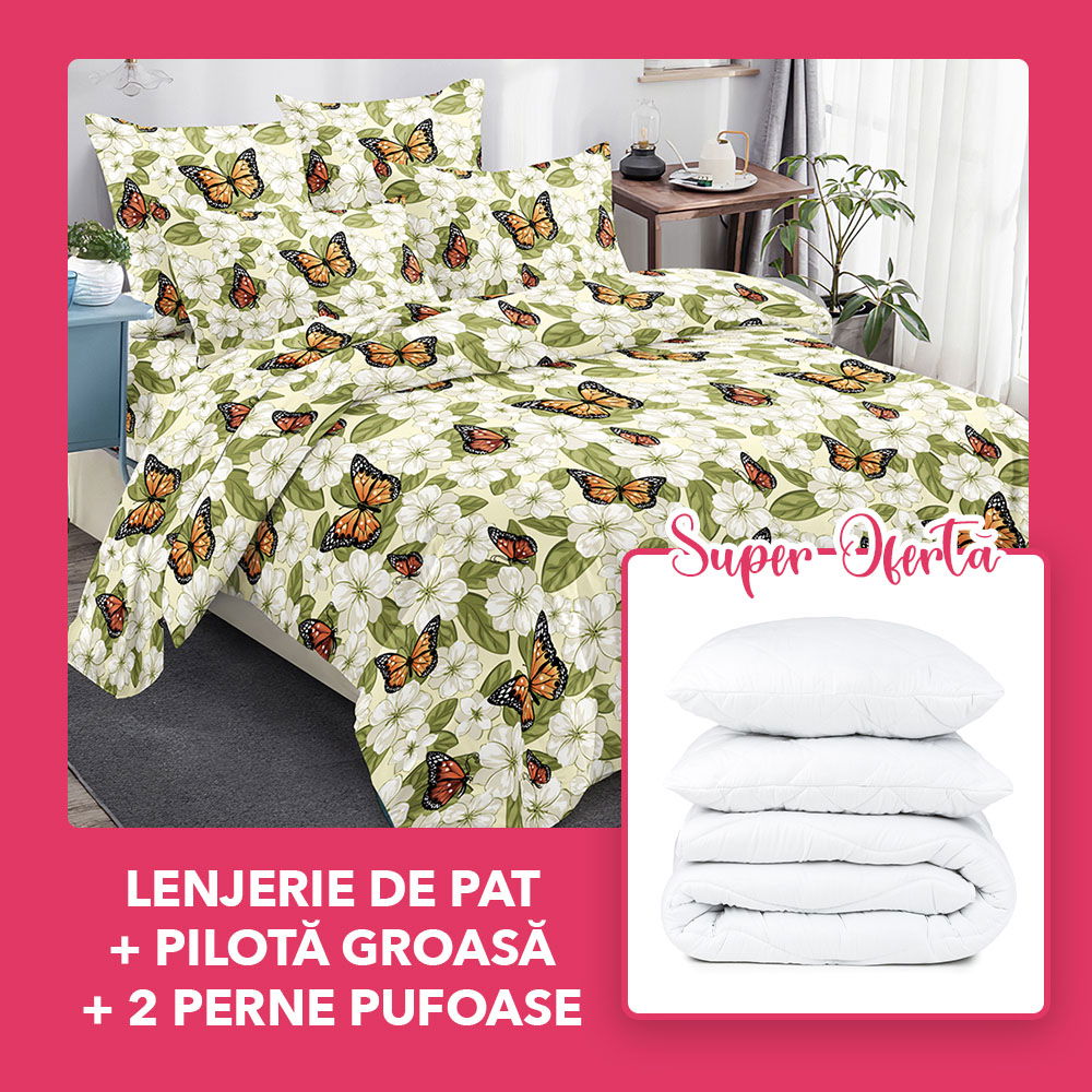 Set CADOU - Lenjerie 6 Piese + Pilota Groasa de Iarna + 2 Perne 50x70 cm - Verde Fluturi Mici LF0270