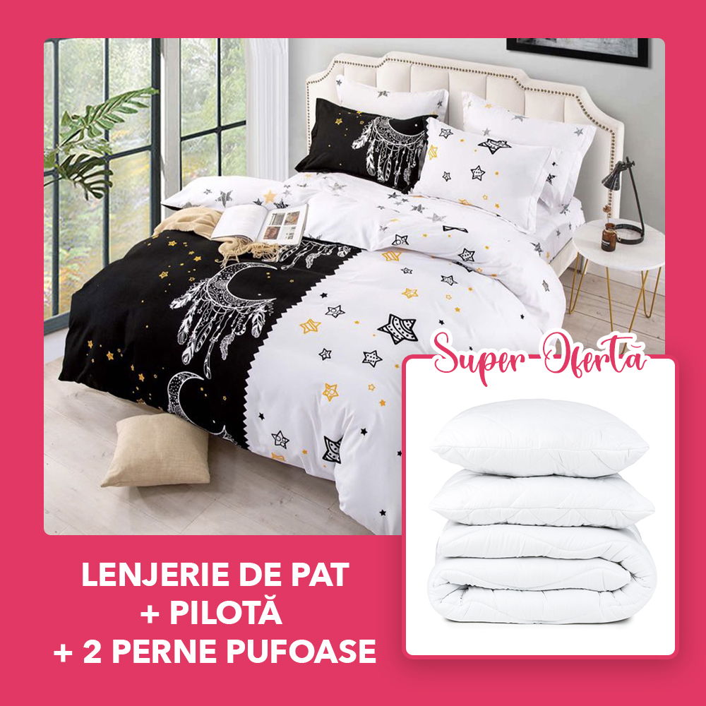 Set CADOU - Lenjerie 6 Piese + Pilota + 2 Perne 50x70 cm - Alb Negru Vis de Noapte LFJ065