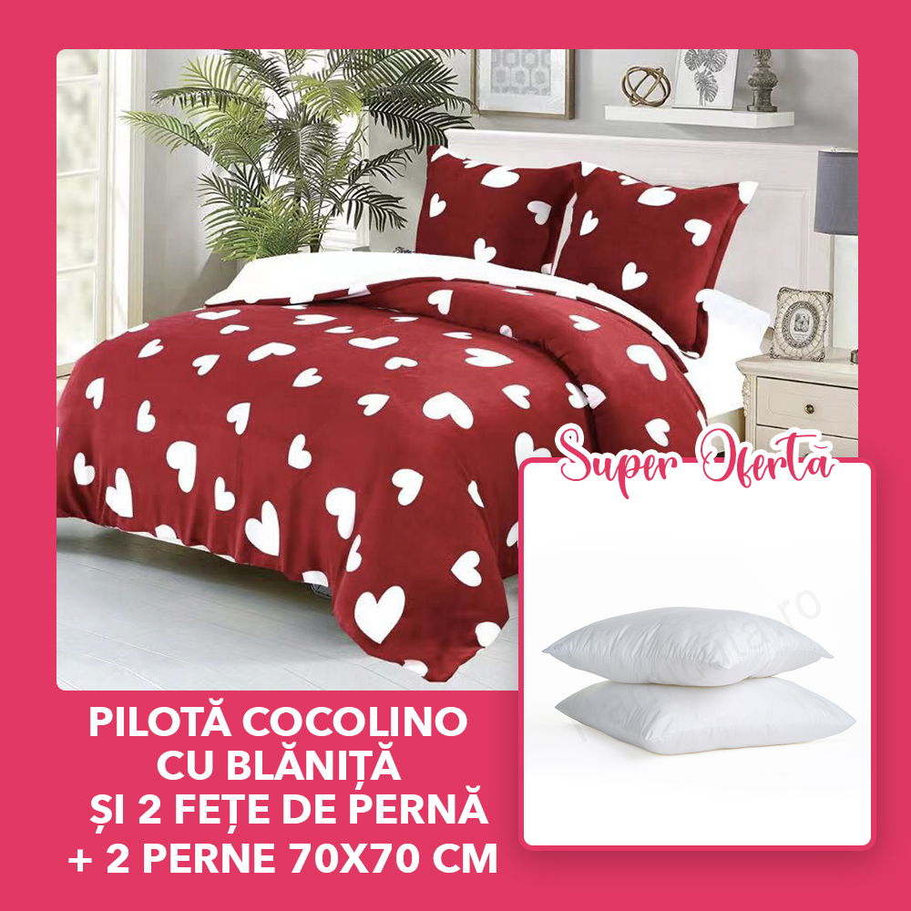 Set CADOU Pilota Cocolino cu Blanita 200x220cm si 2 Fete de Perna + 2 Perne 70x70cm - Visinei cu Inimioare PM0079