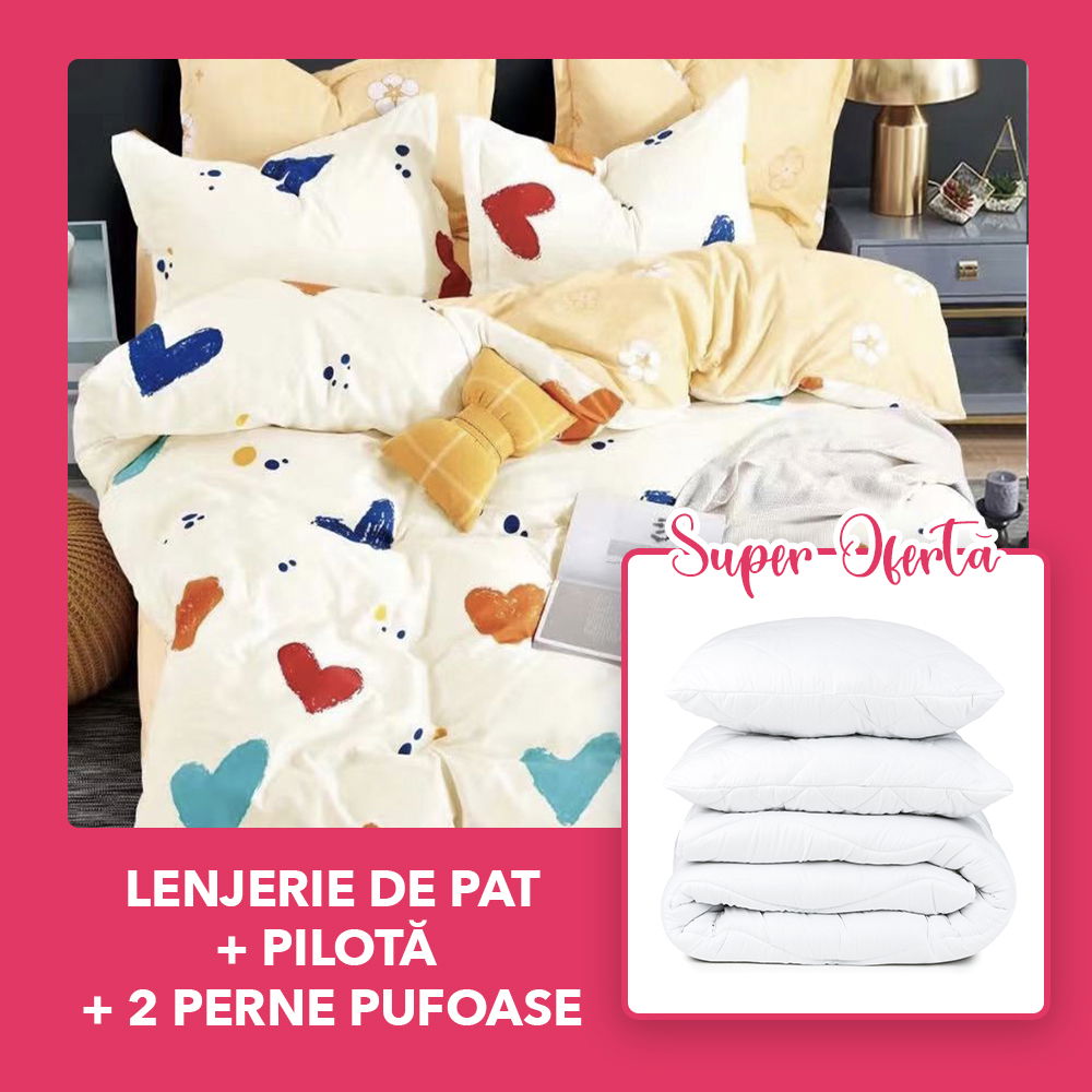 Set CADOU - Lenjerie 4 Piese + Pilota + 2Perne 50x70cm - Happy Life LBD0459