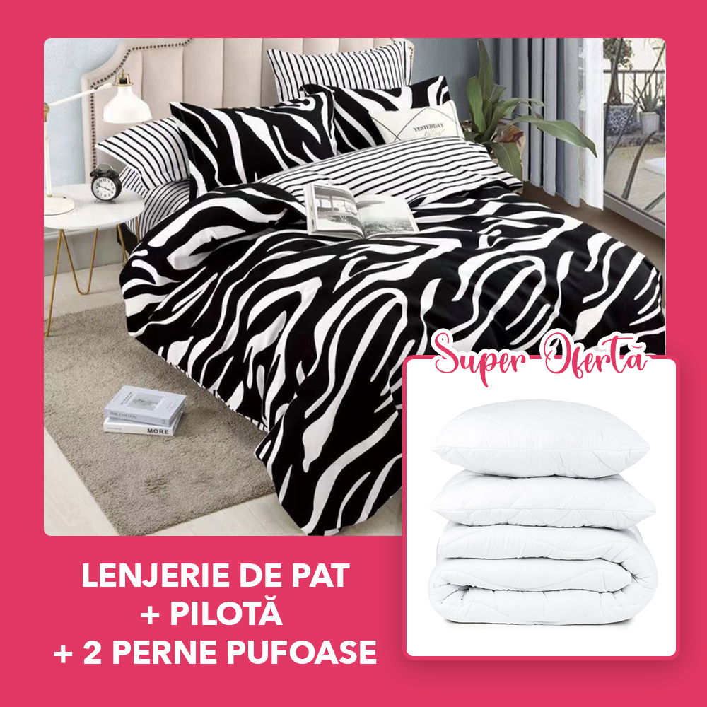 Set CADOU - Lenjerie 6 Piese + Pilota + 2 Perne 50x70 cm - Zebra LFJ054