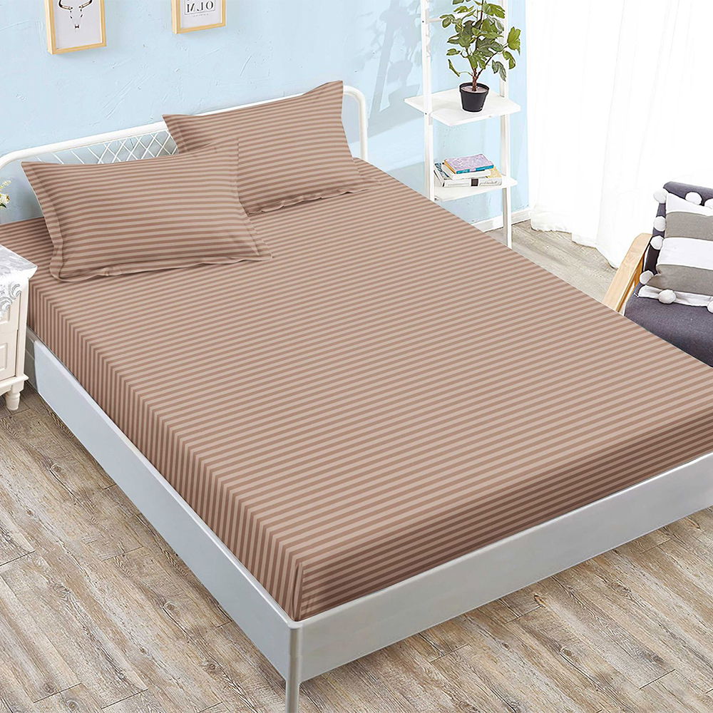 Cearceaf din Damasc Premium cu Elastic - 160/180x200 + 2 Fete Perna - Cappuccino - CED0034