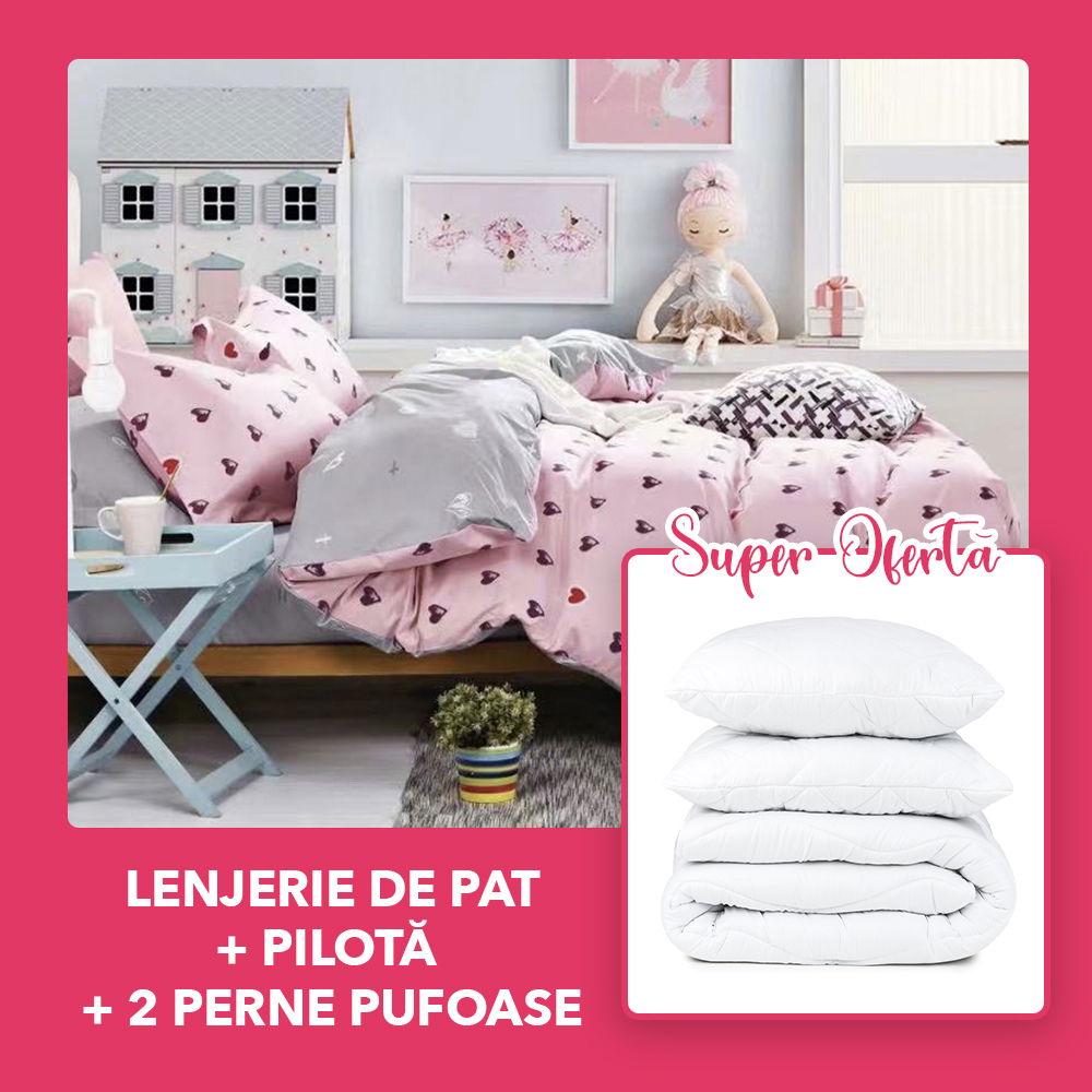 Set CADOU - Lenjerie 4 Piese + Pilota Groasa de Iarna 200x220 cm - Sweet Love LBD0525