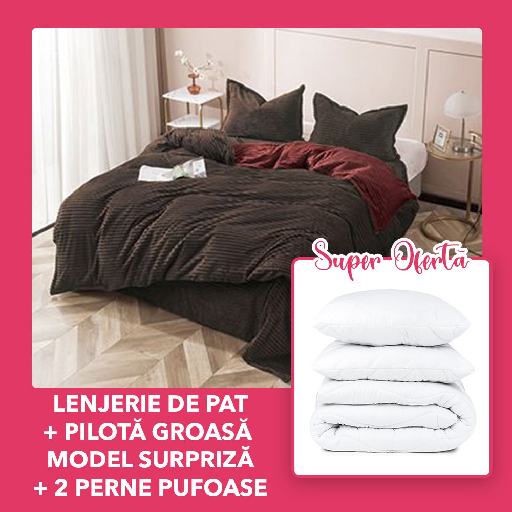 Set CADOU - Lenjerie Cocolino 4 Piese-Maro Uni + Pilota Groasa Model Surpriza-+ 2 Perne 50x70cm- CCO4M0096