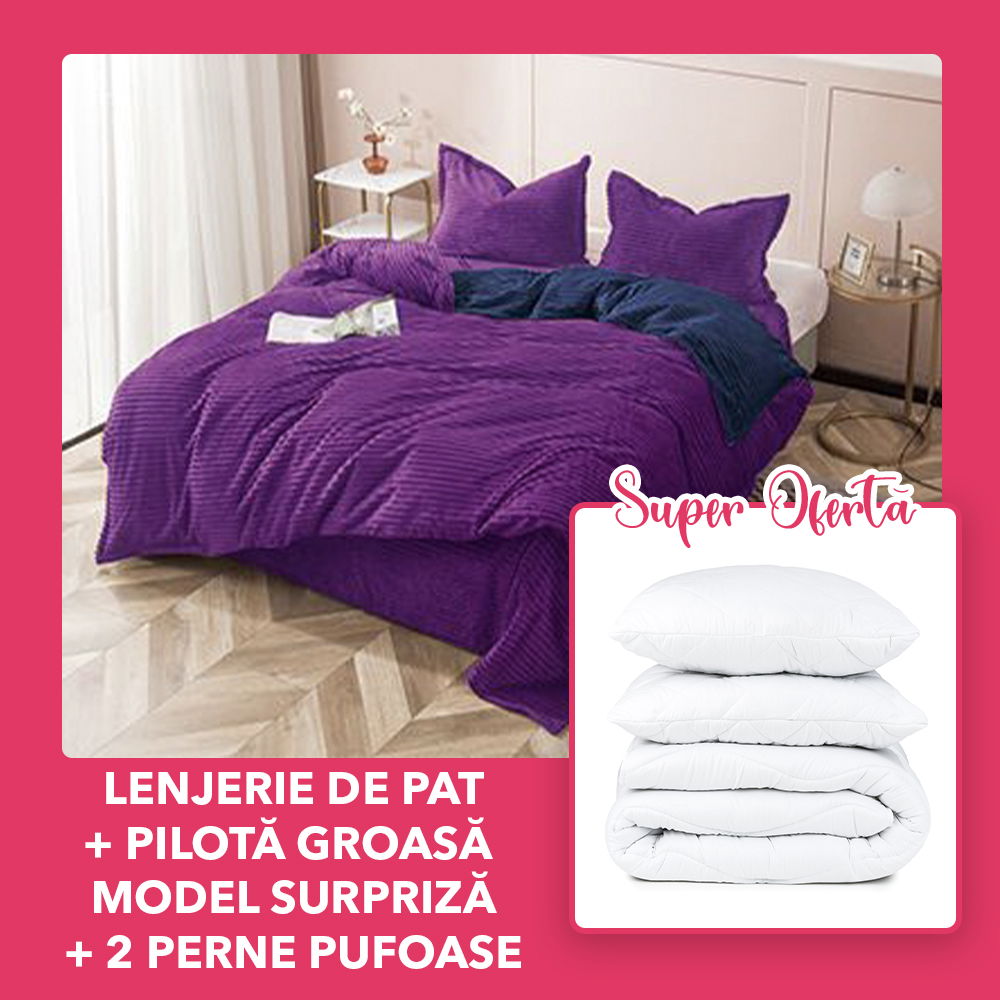 Set CADOU - Lenjerie Cocolino Mov Uni 4 Piese + Pilota Groasa Model Surpriza-+ 2 Perne 50x70cm- CCO4M0098