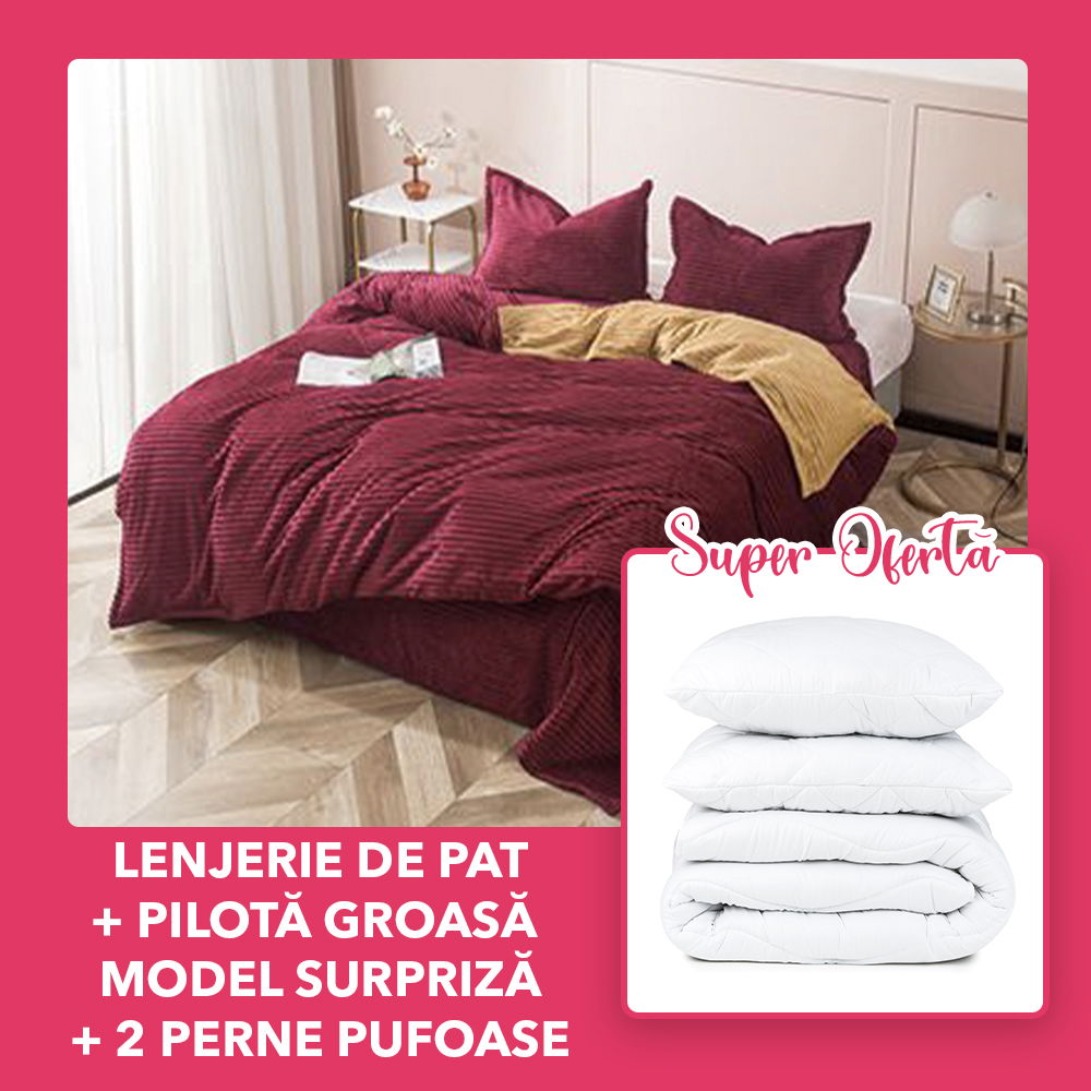 Set CADOU - Lenjerie Cocolino 4 Piese Grena cu Galben Uni + Pilota Groasa Model Surpriza-+ 2 Perne 50x70cm- CCO4M0099