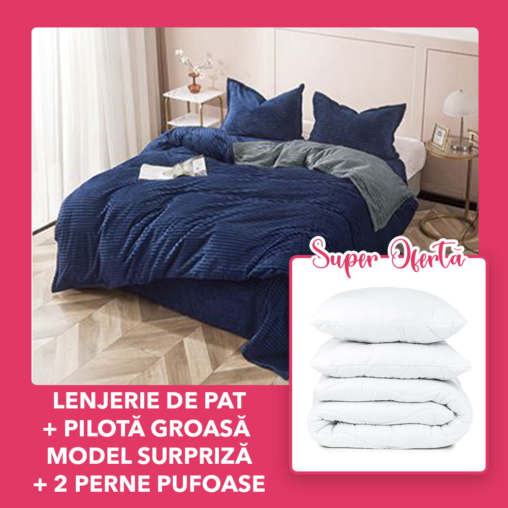 Set CADOU - Lenjerie Cocolino 4 Piese Albastru Uni + Pilota Groasa Model Surpriza-+ 2 Perne 50x70cm- CCO4M0100