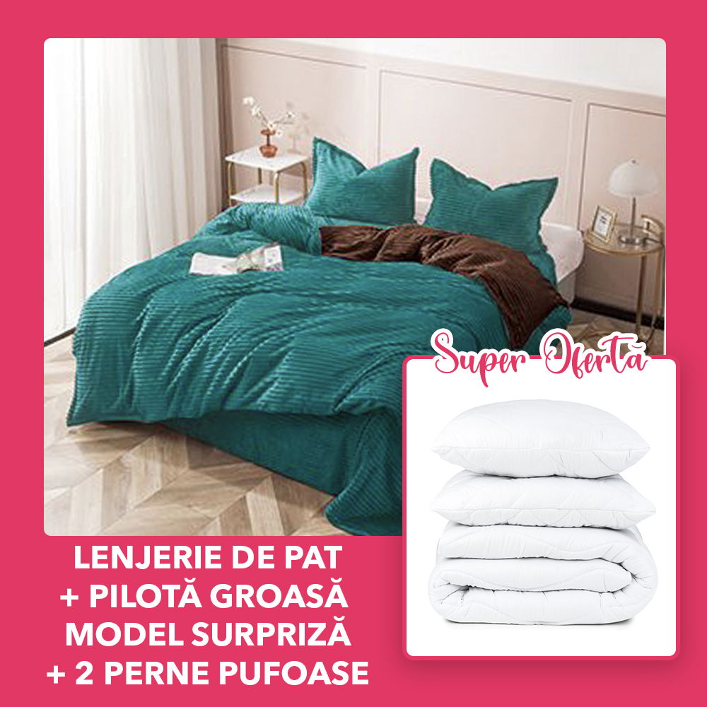 Set CADOU - Lenjerie Cocolino 4 Piese Verde cu Maro Uni + Pilota Groasa Model Surpriza-+ 2 Perne 50x70cm- CCO4M0102