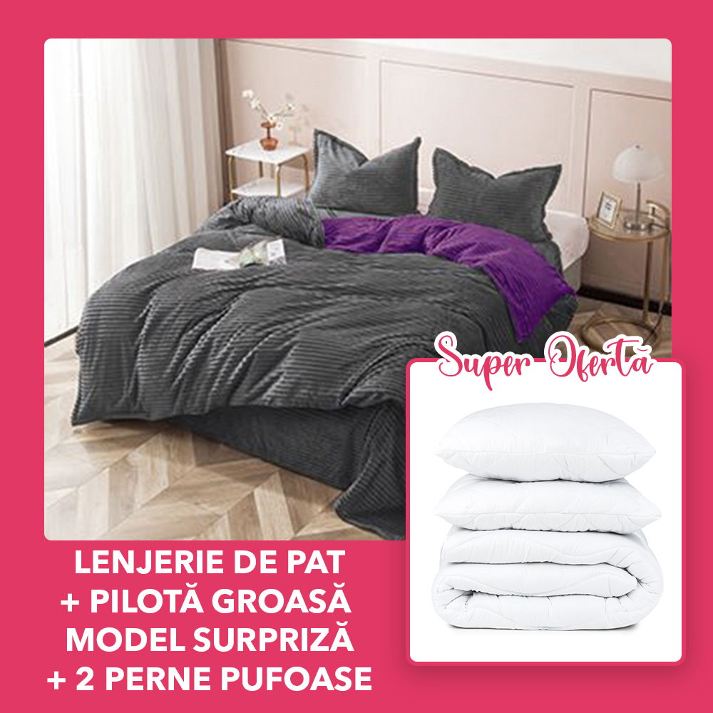 Set CADOU - Lenjerie Cocolino 4 Piese Gri cu Mov Uni + Pilota Groasa Model Surpriza-+ 2 Perne 50x70cm- CCO4M0103