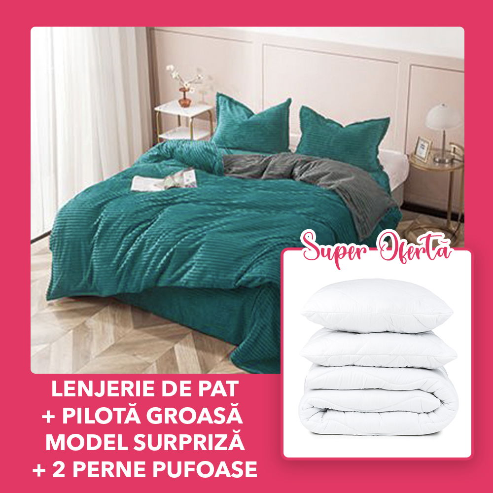 Set CADOU - Lenjerie Cocolino 4 Piese Verde cu Gri Uni + Pilota Groasa Model Surpriza-+ 2 Perne 50x70cm- CCO4M0104