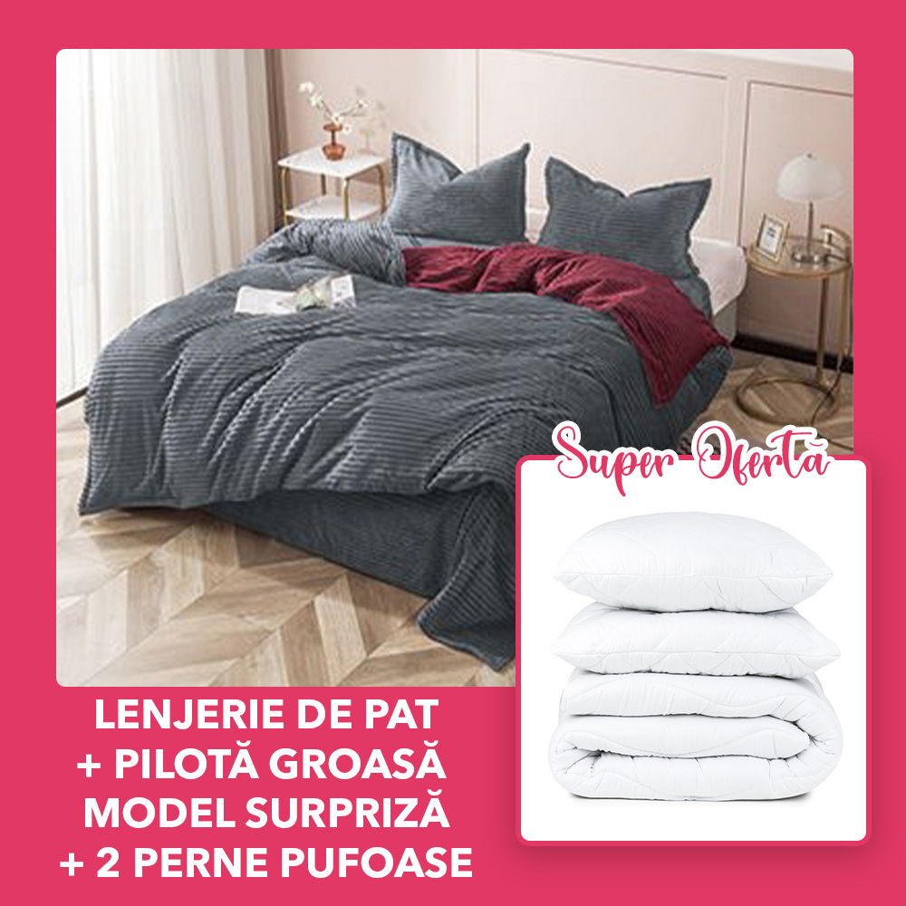 Set CADOU - Lenjerie Cocolino 4 Piese Gri cu Visiniu Uni + Pilota Groasa Model Surpriza-+ 2 Perne 50x70cm- CCO4M0106