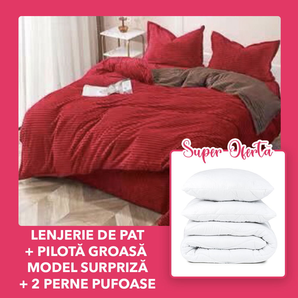 Set CADOU - Lenjerie Cocolino 4 Piese Rosu cu Maro Deschis Uni + Pilota Groasa Model Surpriza-+ 2 Perne 50x70cm- CCO4M0107