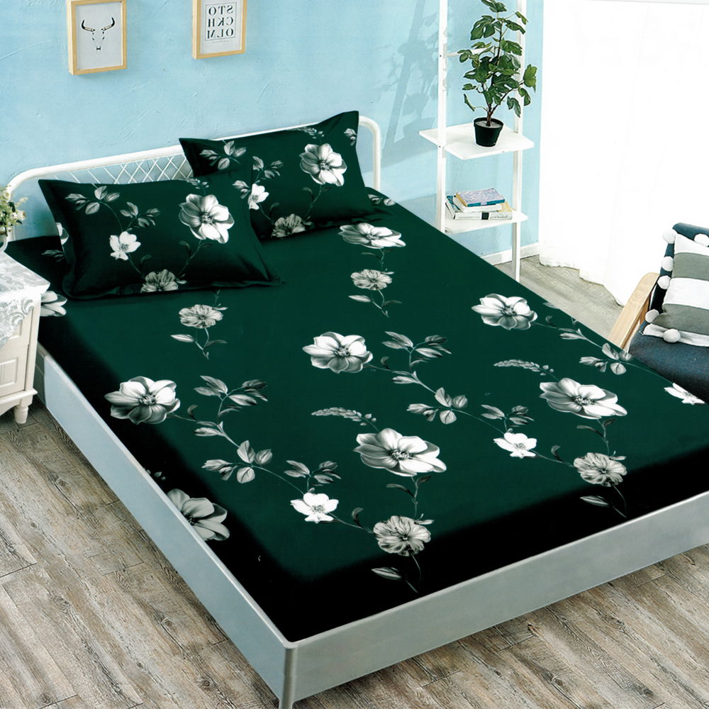 Cearceaf din Finet cu Elastic - 180x200 + 2 Fete Perna - Verde cu Flori - CEF0376