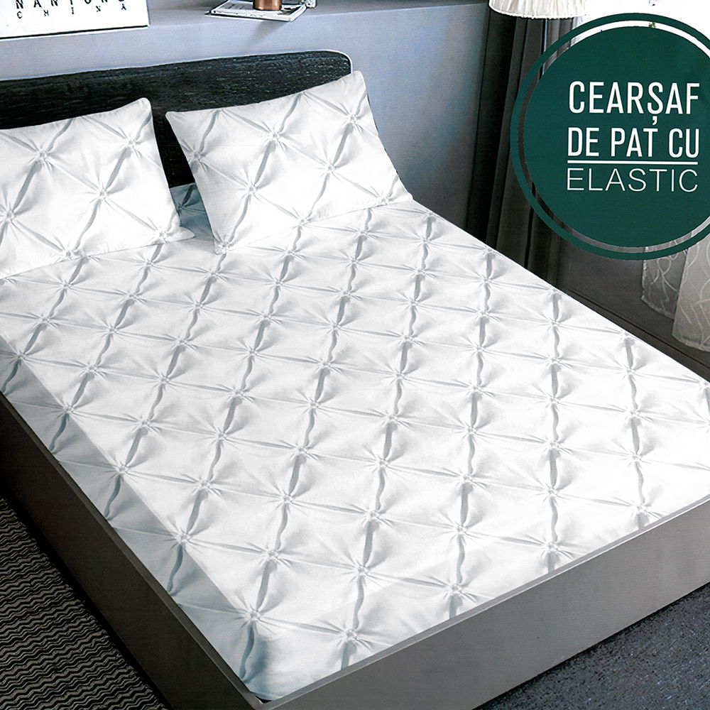 Cearceaf din Finet cu Elastic- 160/180x200 + 2 Fete Perna- Crem cu Imprimeu - CEF0386