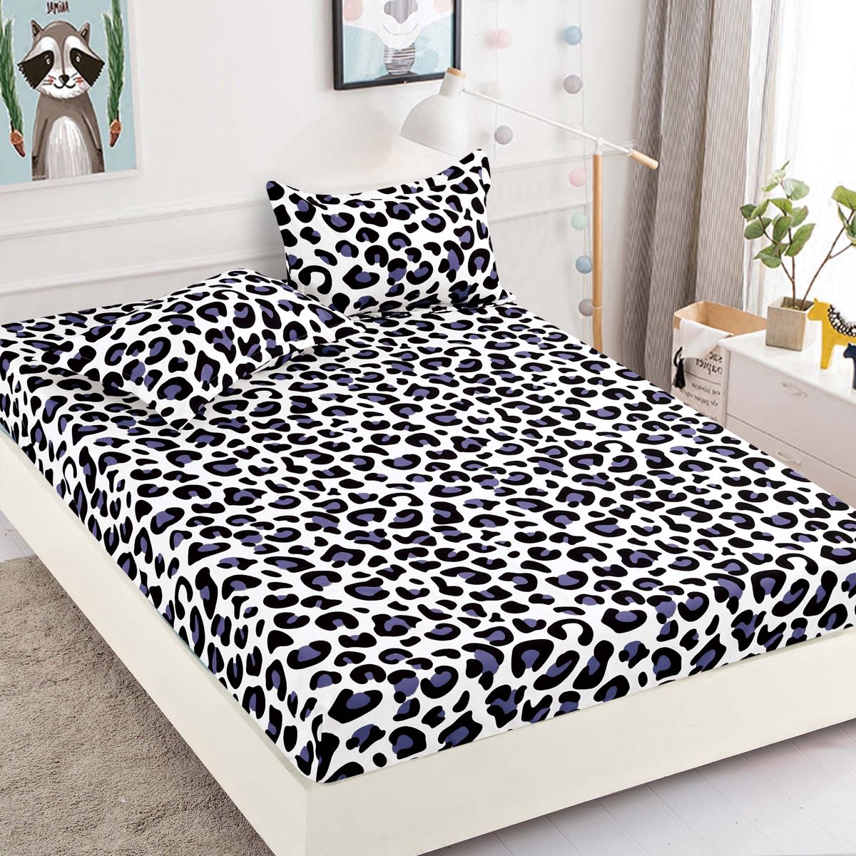 Cearceaf din Finet cu Elastic - 90x200 + 2 Fete Perna - Alb Animal Print - CEFSGVJ004