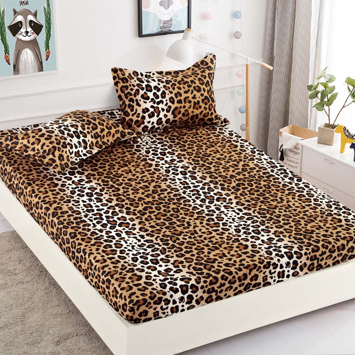 Cearceaf din Finet cu Elastic - 90x200 + 2 Fete Perna - Maro Animal Print - CEFSGVJ005