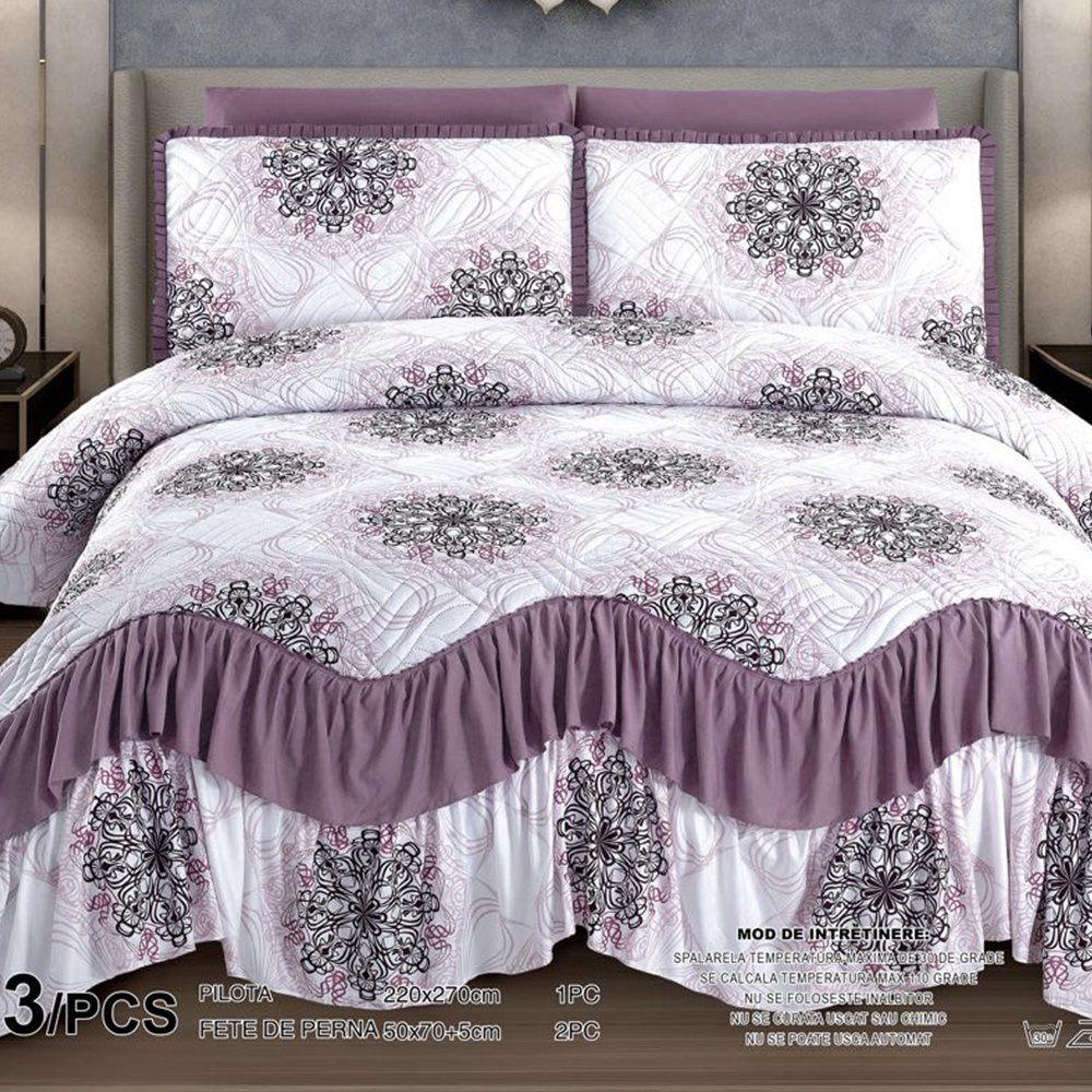 Set Cuvertura de Pat cu Volanase + 2 Fete de Perna – Royal Bed – CVD0019 Bed imagine noua