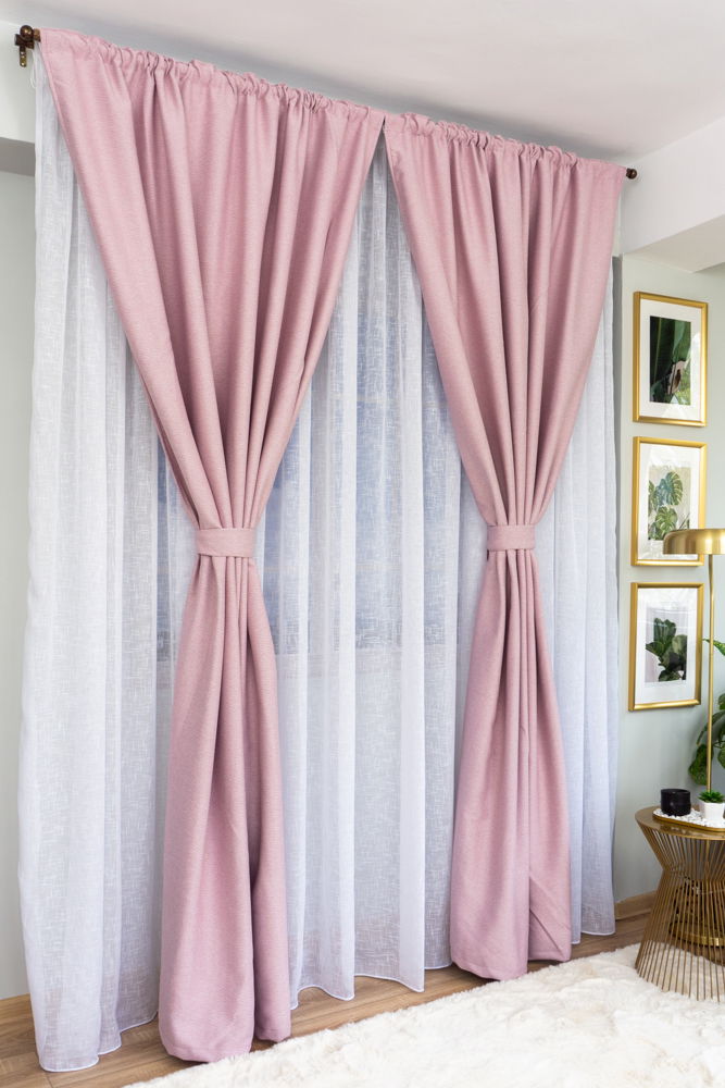 Set Catalina - Perdea In Alb Premium si Draperie din In - Roz Drajeu