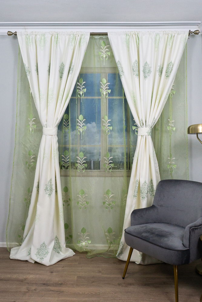 Set Complet – 2 Draperii Crem cu Verde si Perdea Verde -DRPDS005_ATL Set Complet – 2 Draperii Crem cu Verde si Perdea Verde -DRPDS005_ATL