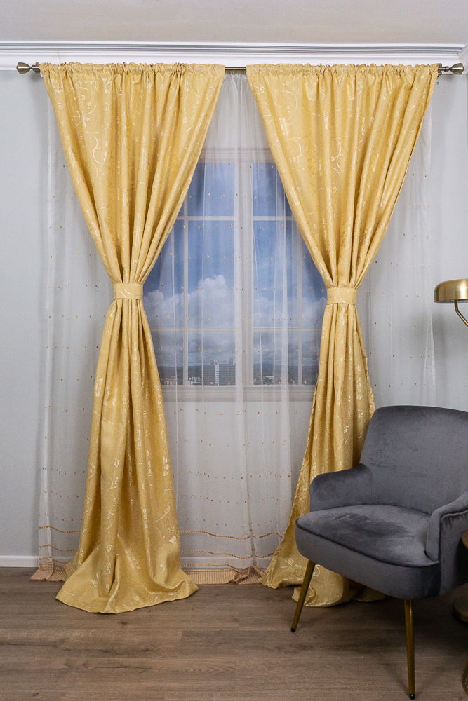 Set Complet – 2 Draperii Galben Uni si Perdea cu Bordura Aurie -DRPDS008_ATL Set Complet – 2 Draperii Galben Uni si Perdea cu Bordura Aurie -DRPDS008_ATL