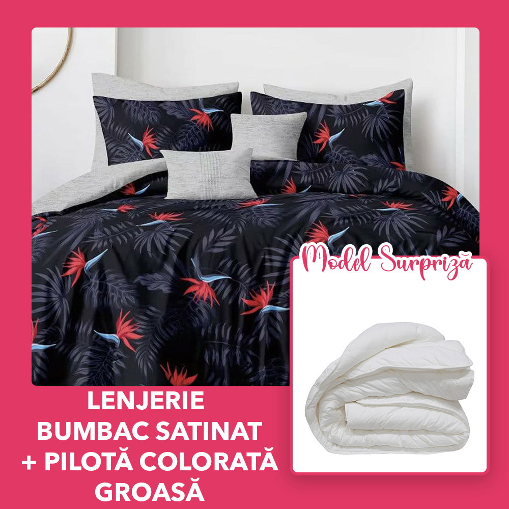 Set CADOU - Lenjerie DUO Bumbac Satinat + Pilota Model Surpriza - Imprimeu Rosu cu Gri- LBD1131